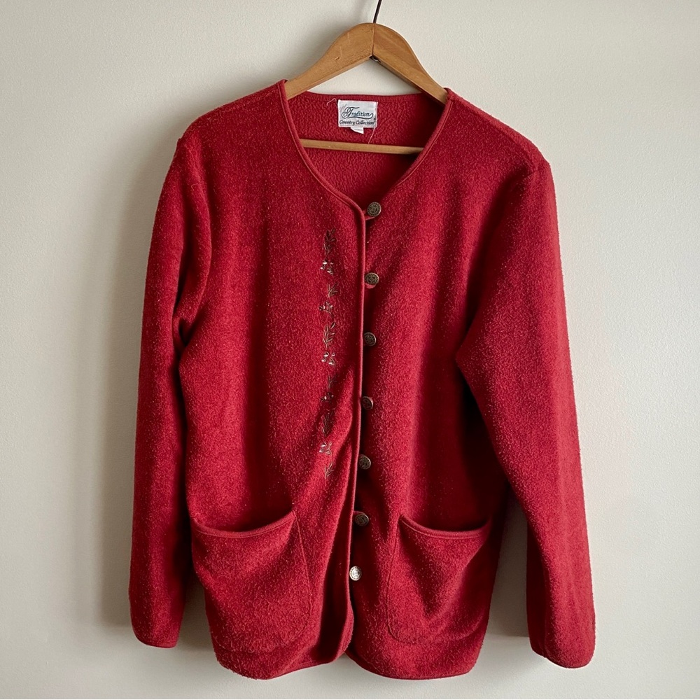 Vintage Red Button-Up Cardigan Sweater w/ Floral Details